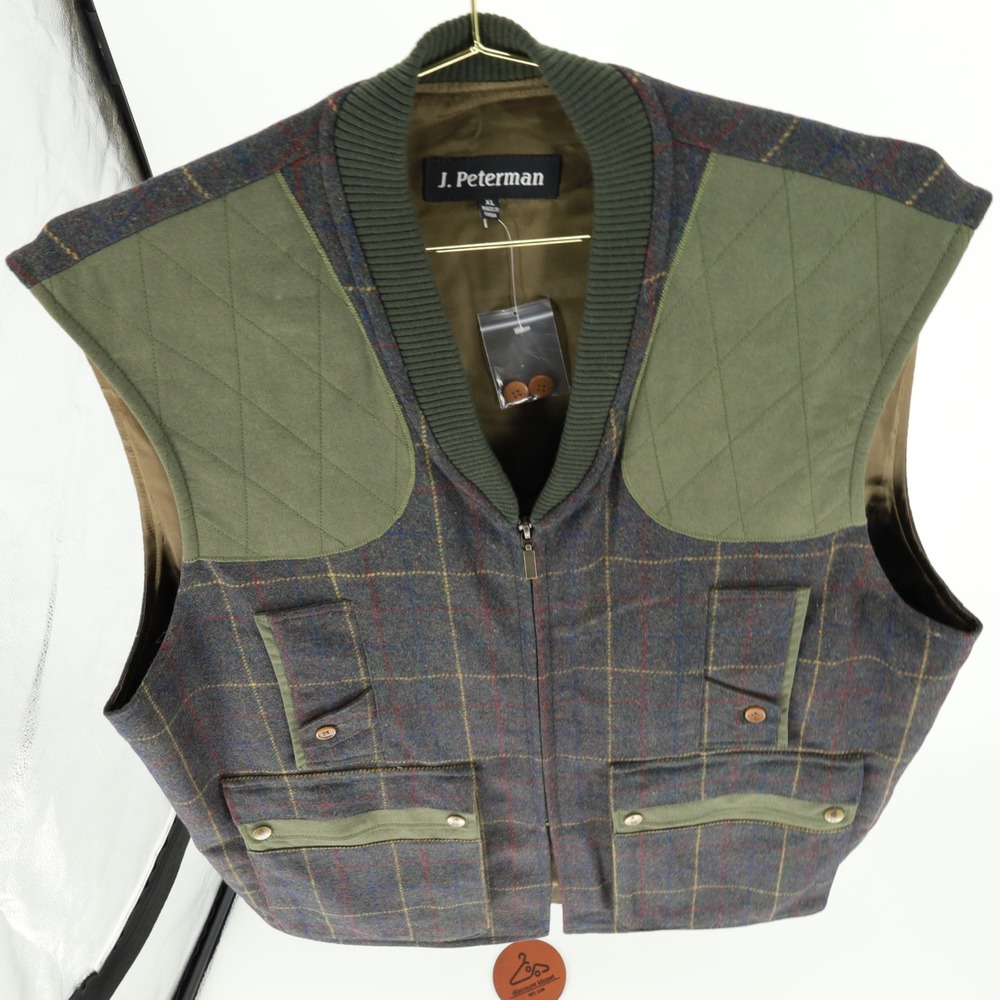 J. Peterman Wool Blend Tweed Shooting Vest XL Plaid Utility Equestrian Gorpcore - Picture 3 of 13